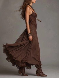 Federica - Vestido largo de gasa y encaje marrón