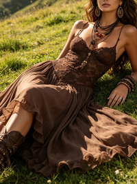 Federica - Vestido largo de gasa y encaje marrón