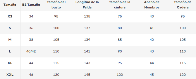 Guia de tallas de Mia – Vestido
